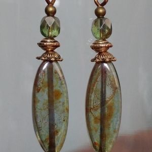 Rustic Sage Green Glass Oval Gold Brass Earrings